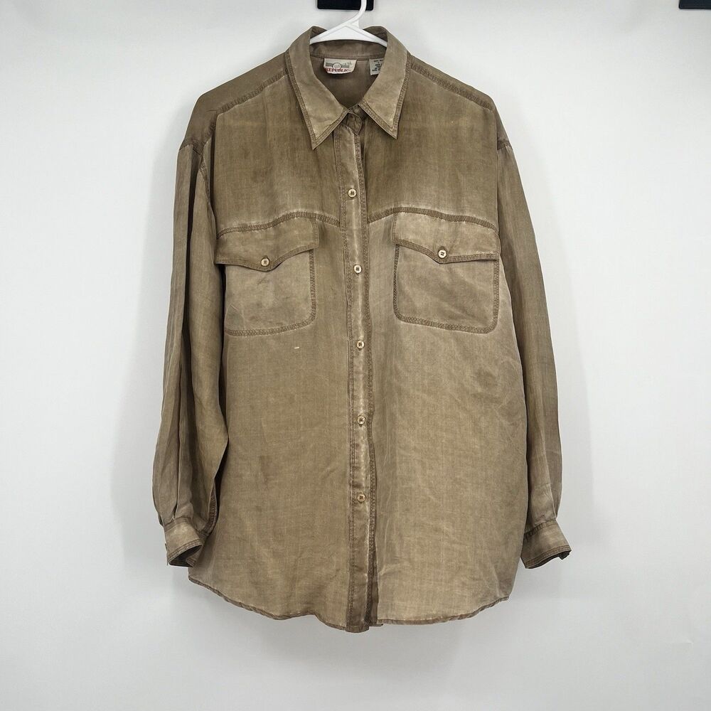Denim Republic Womens L 100% Silk Blouse LS Tan Brown Distressed Boho Festival